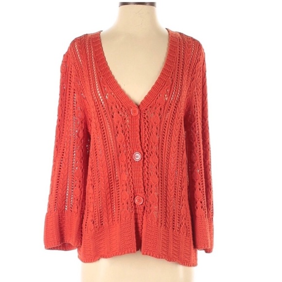 Talbots Open Stitch V-Neck Button Down Pima Cotton Cable Knit Cardigan pointelle - Picture 2 of 11